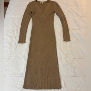 Michael Kors Camel Ribbed V-Neck Long Sleeve Maxi Dress